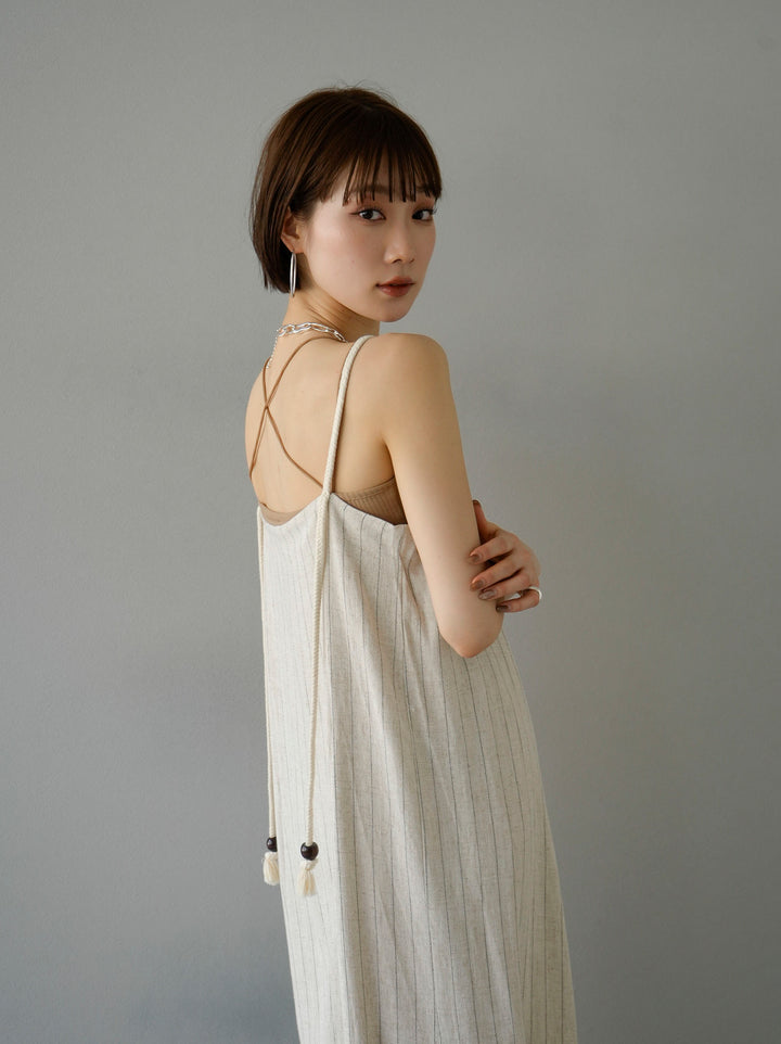 【預訂】棉麻條紋吊帶洋裝/自然色