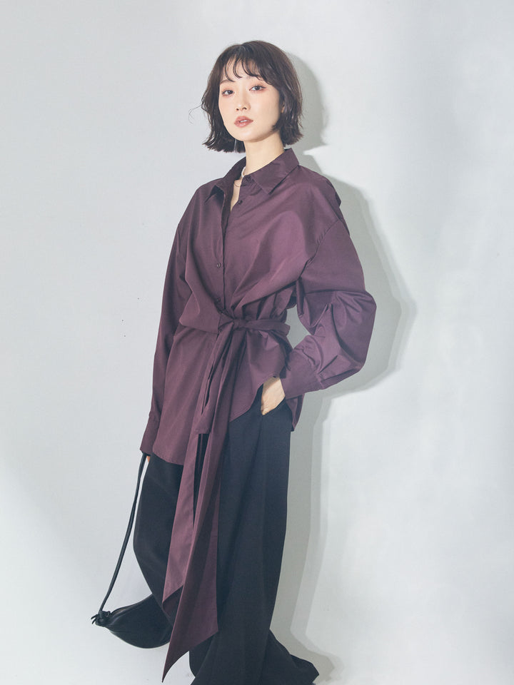 【Allure】[SET]ウエストアシメリボンシャツ+アシンメトリーウエストタックパンツ(2set)