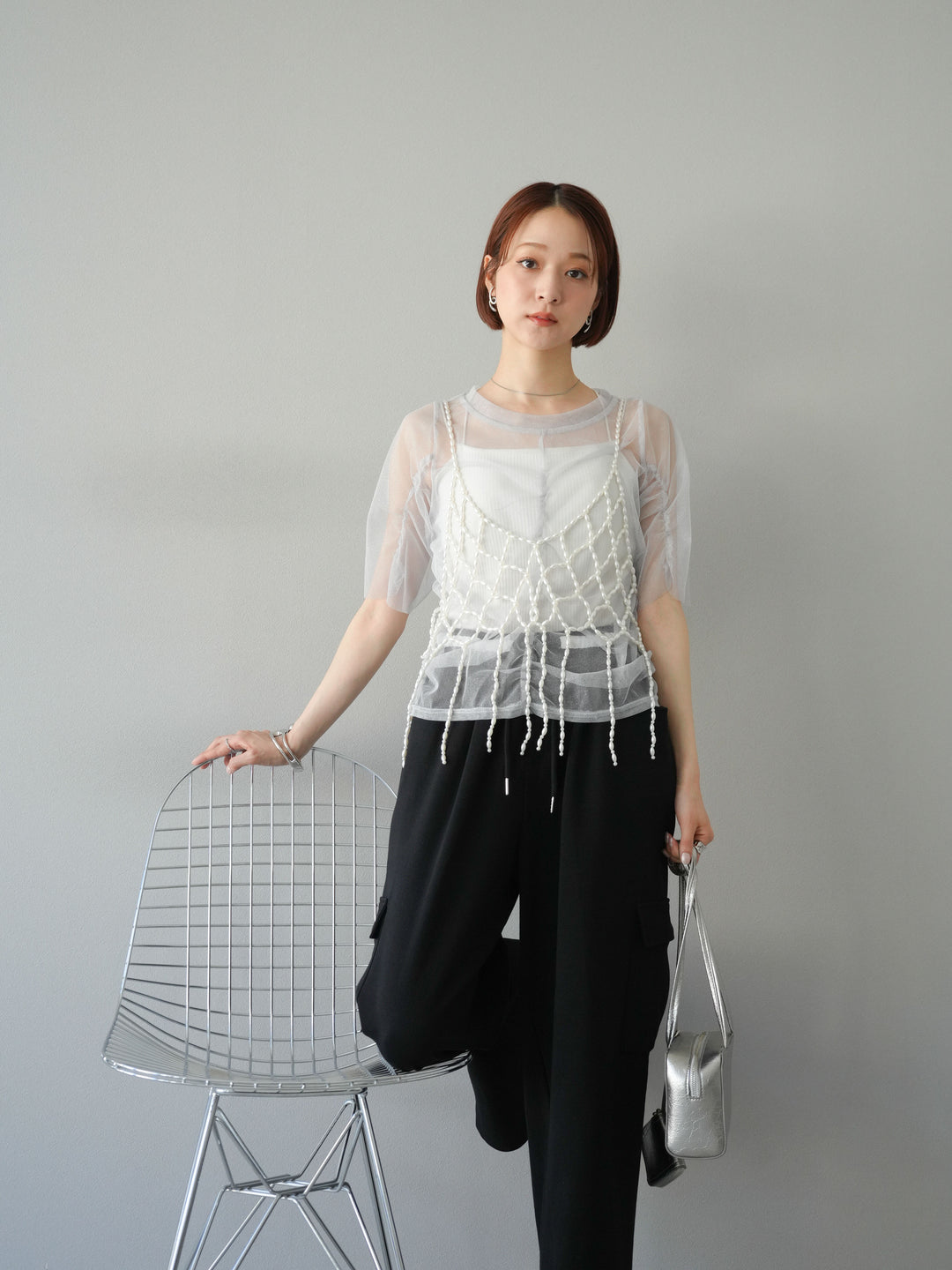 [SET]ラメチュールシャーリングプルオーバー+パールフリンジビスチェ+ウエストラインサイドポケットスウェットパンツ(3set)