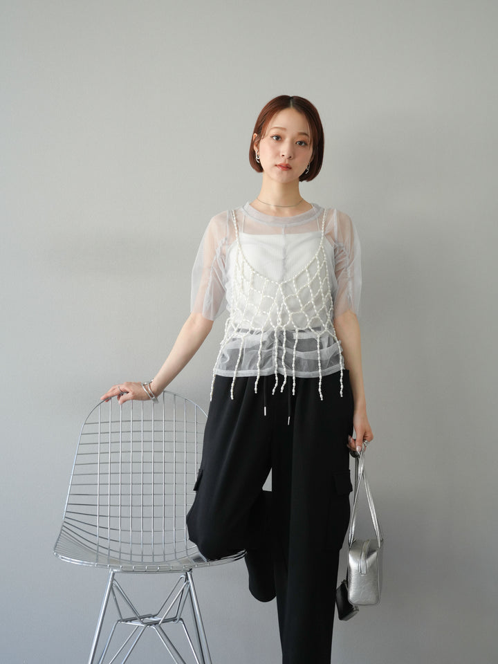 [SET]ラメチュールシャーリングプルオーバー+パールフリンジビスチェ+ウエストラインサイドポケットスウェットパンツ(3set)