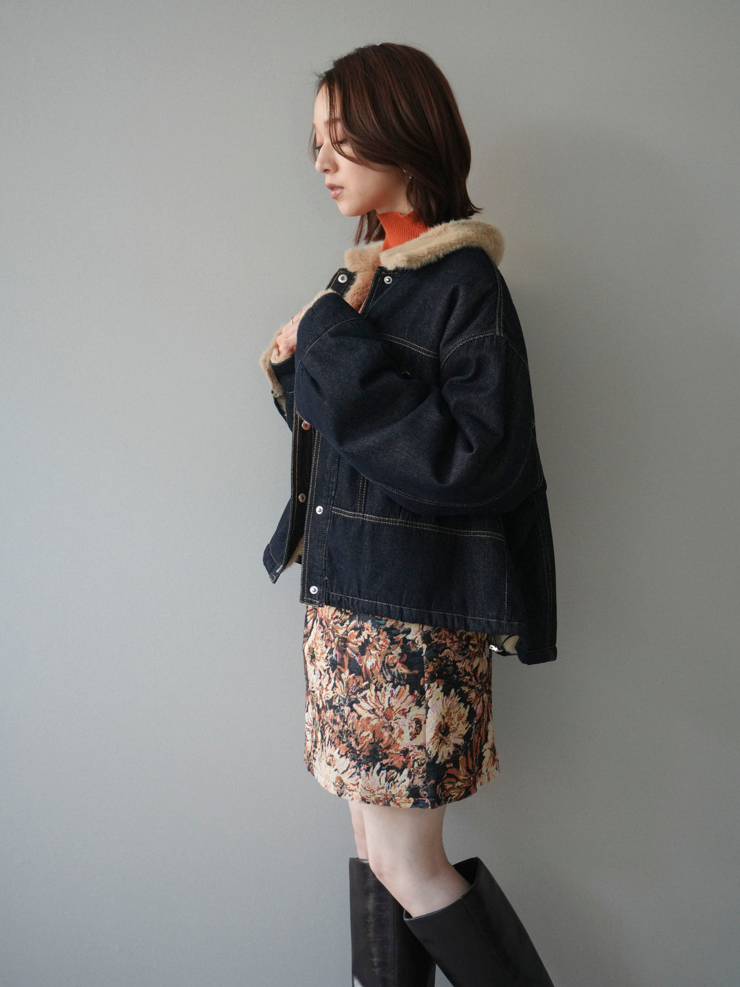[予約]デニム×ファーステンカラーショートジャケット/indigo