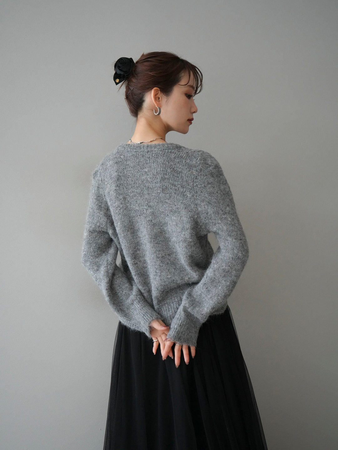 [SET]ブローチ付silverボタンミックスニットカーディガン+選べるアクセセット(2set)