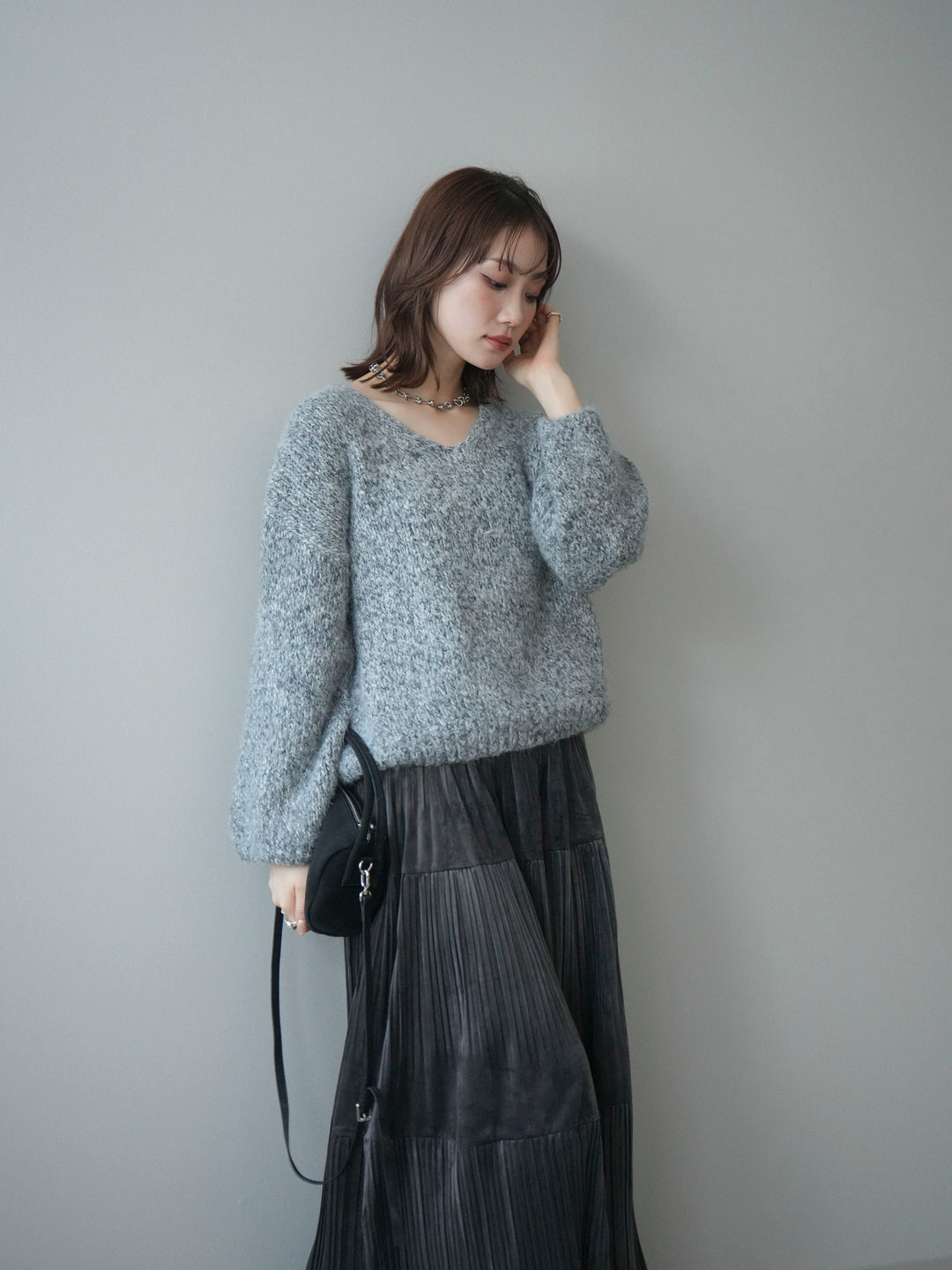 [SET]Vネックミックスヤーンニットプルオーバー+選べるアクセセット(2set)