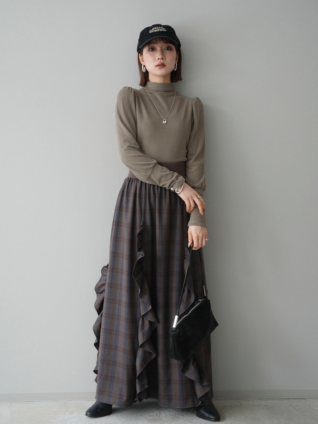 [SET]プチネックパワーショルダー起毛トップス+チェック柄フリルハイウエストマキシスカート(2set)