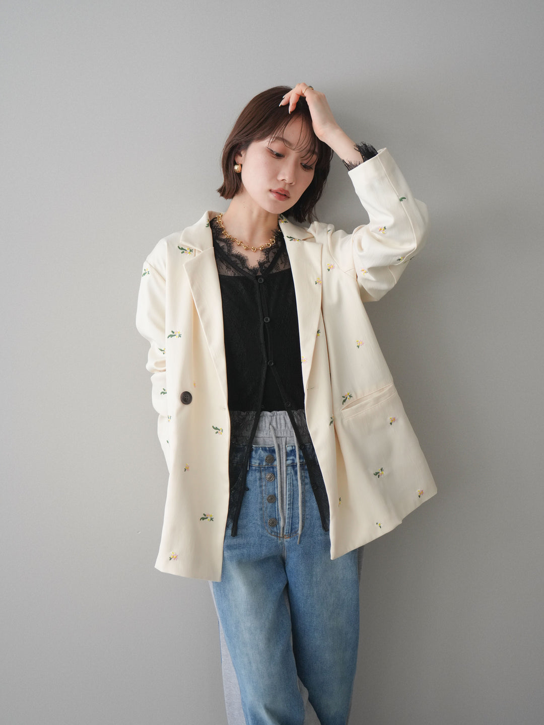 [予約]フラワー刺繍テーラードジャケット/ivory