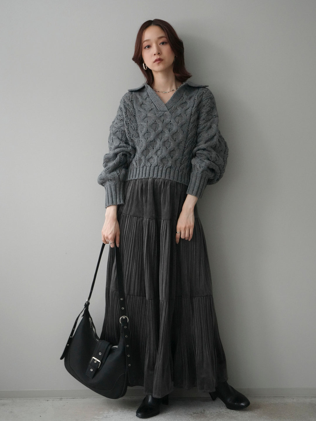 [SET]バルキーケーブルクロップド開襟プルオーバー+ベロアティアードワッシャースカート(2set)