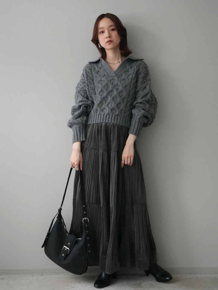 [SET]バルキーケーブルクロップド開襟プルオーバー+ベロアティアードワッシャースカート(2set)
