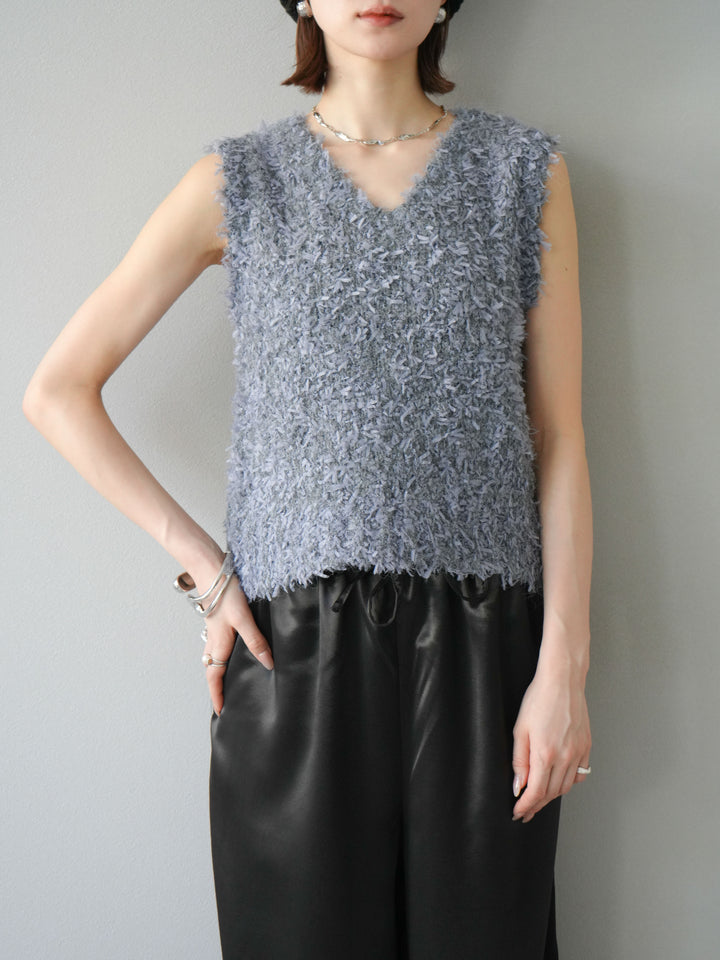[予約]テープヤーンフリンジニットベスト/グレー