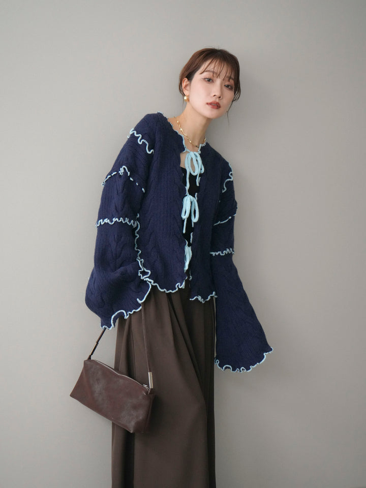 [予約]フロントリボン配色メローニットカーディガン/navy