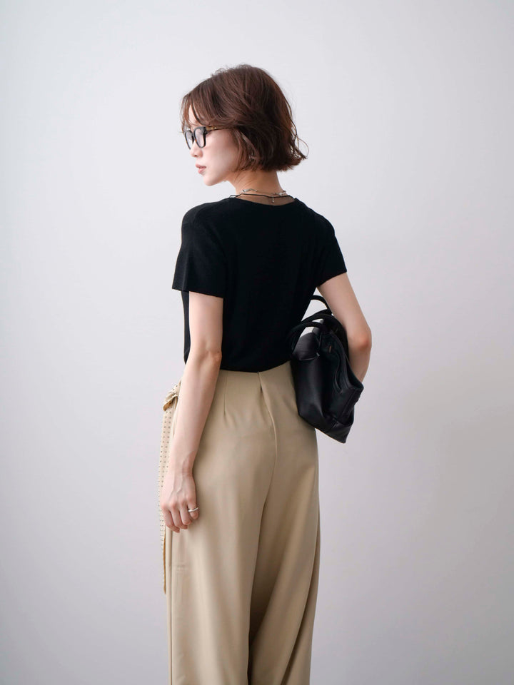 [SET]チュールレーヤードヘンリーフレンチニットトップス+ビジューベルトタックワイドパンツ(2set)