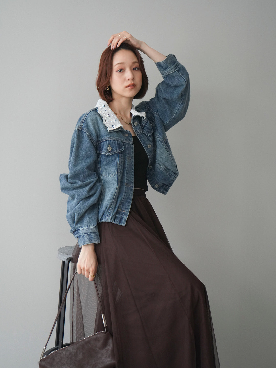 [予約]襟レースデニムショートジャケット/indigo