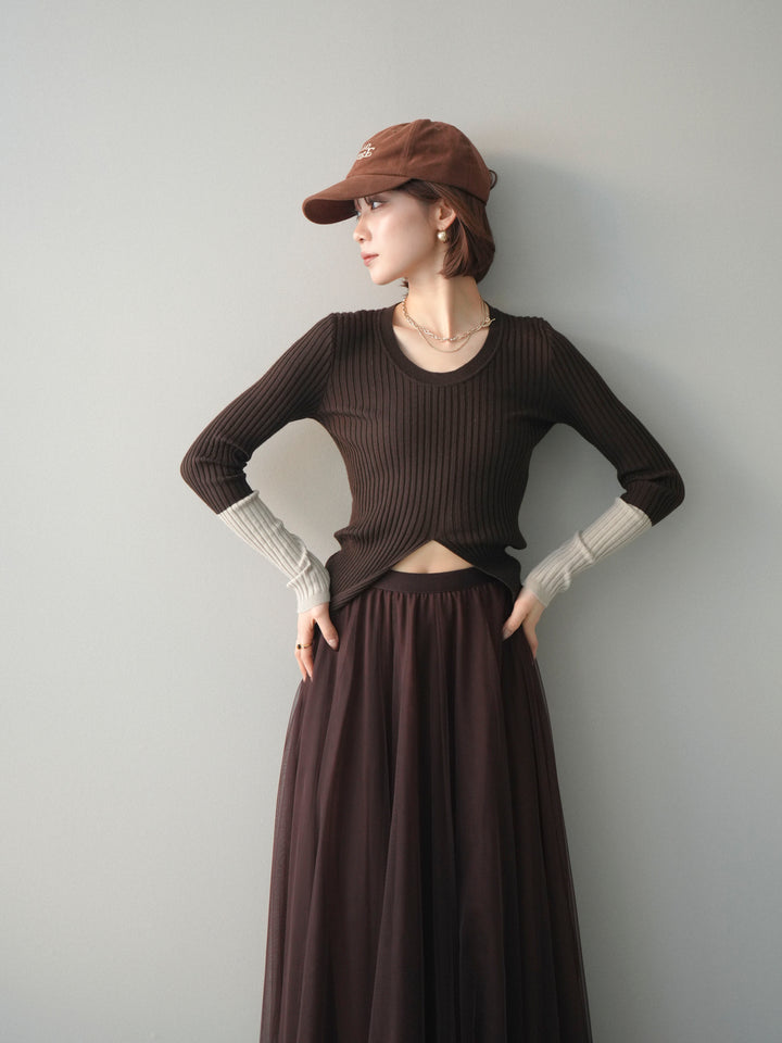 [予約]袖配色ランダムリブフロントスリットニットトップス/brown