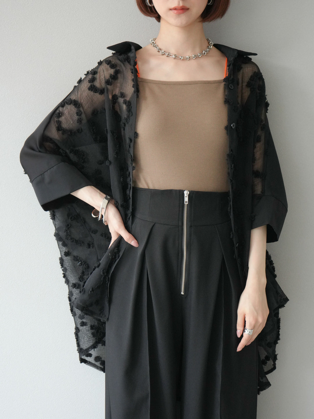 [預購] 混合材質透視半身襯衫/黑色