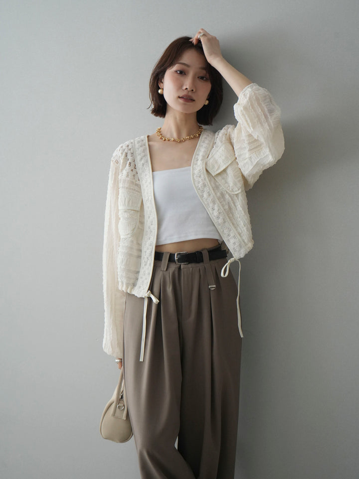 [SET]パッチワークシアーフリルブルゾン+カップ付テレコリブベアキャミソール+ベルト付キーホルダーモチーフワイドパンツ(3set)