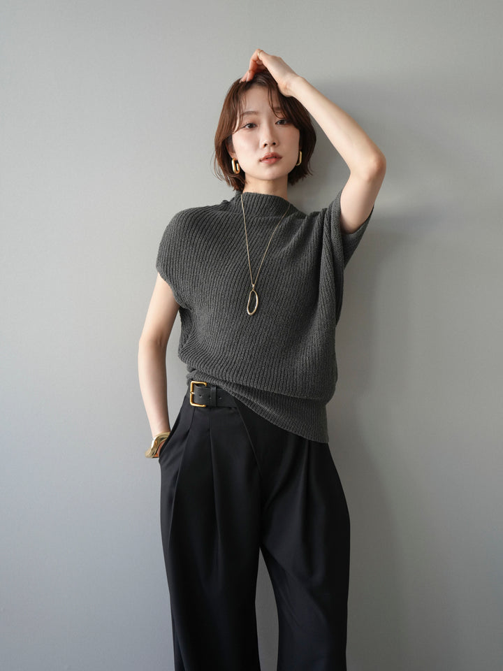 [SET]アシンメトリーローゲージニットトップス+アシンメトリーベルトタックワイドパンツ(2set)