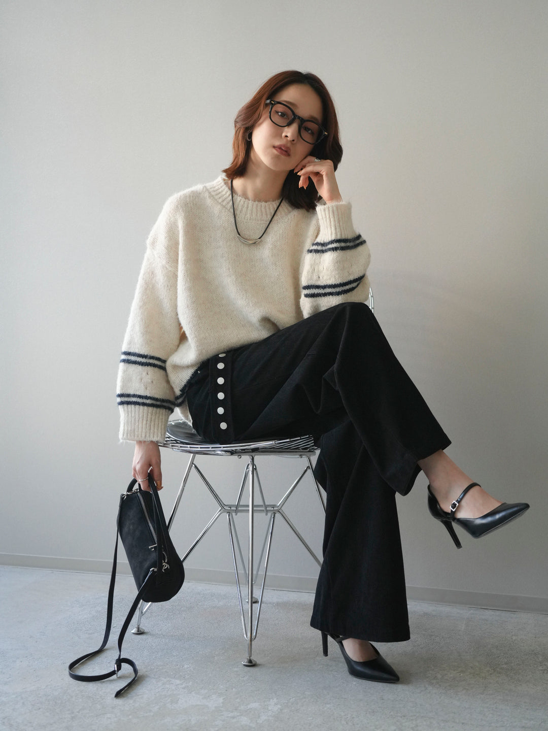 [予約]クルーネックラインボーダーニットプルオーバー/white