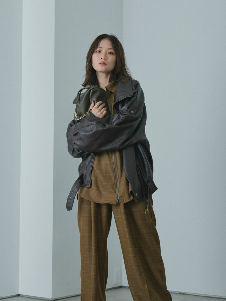 【Allure】[SET]スタンドカラーレザーブルゾン+杢チェックタックパンツ(2set)