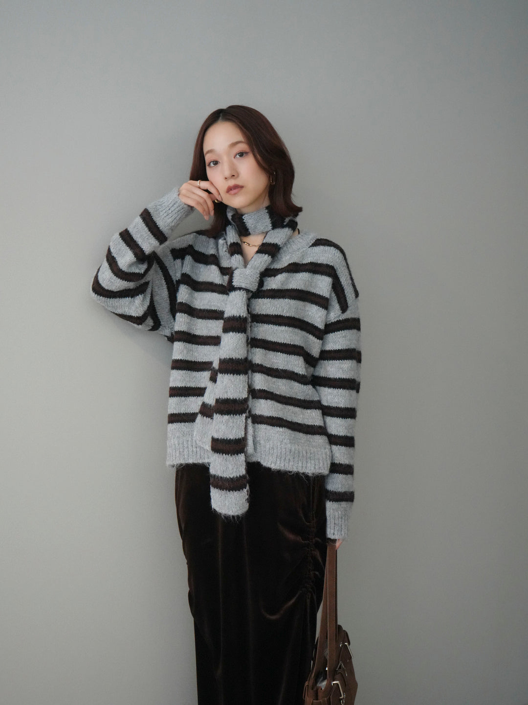 [SET]ボウタイ付きボーダーニットプルオーバー+ボウタイ付きボーダーニットプルオーバー(2set)