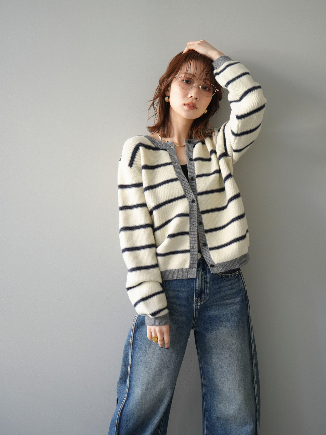 [予約]配色ボーダーニットカーディガン/apricot