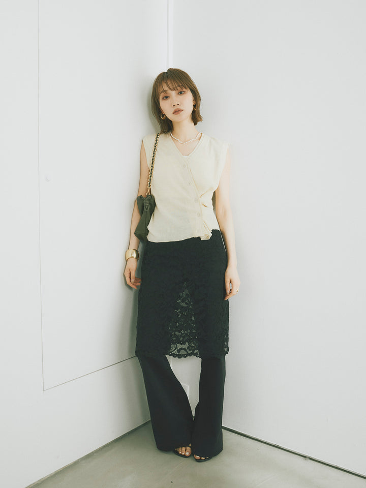 [SET]2WAYデザインニットベスト+レイヤードスカートセットフレアパンツ(2set)