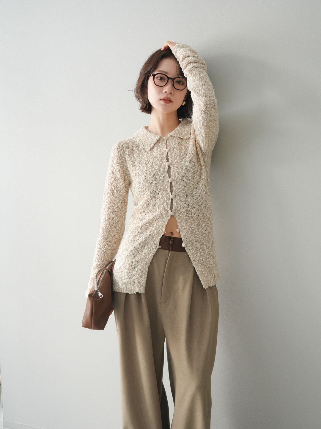 [予約]透かし編みブークレポロニットトップス/beige