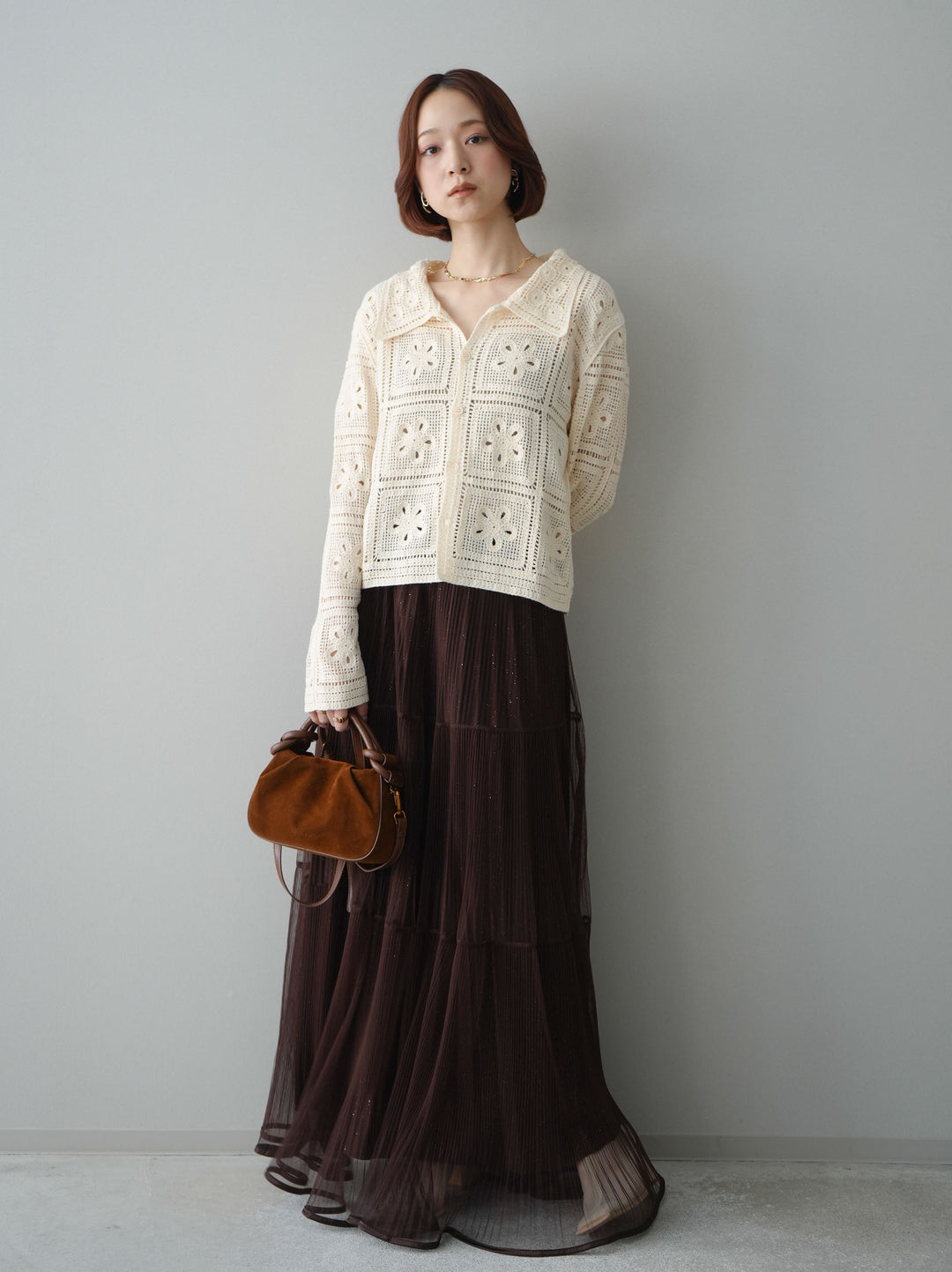 【套裝】拼接鉤針針織開襟衫 + 褶襉多層薄紗長裙（兩件組）