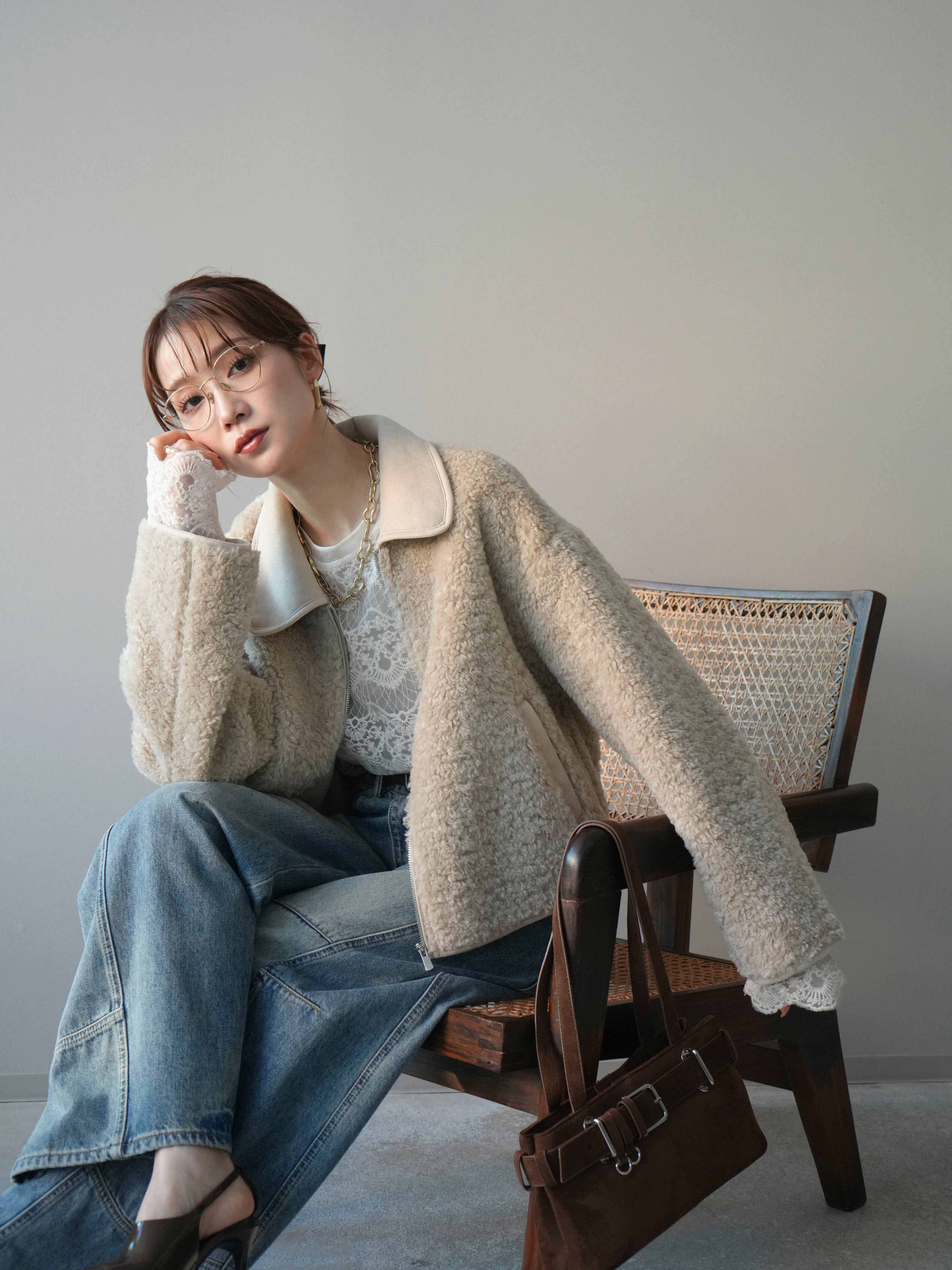 SET]スエード襟ボアショートジャケット+チュールレーストップス(2set