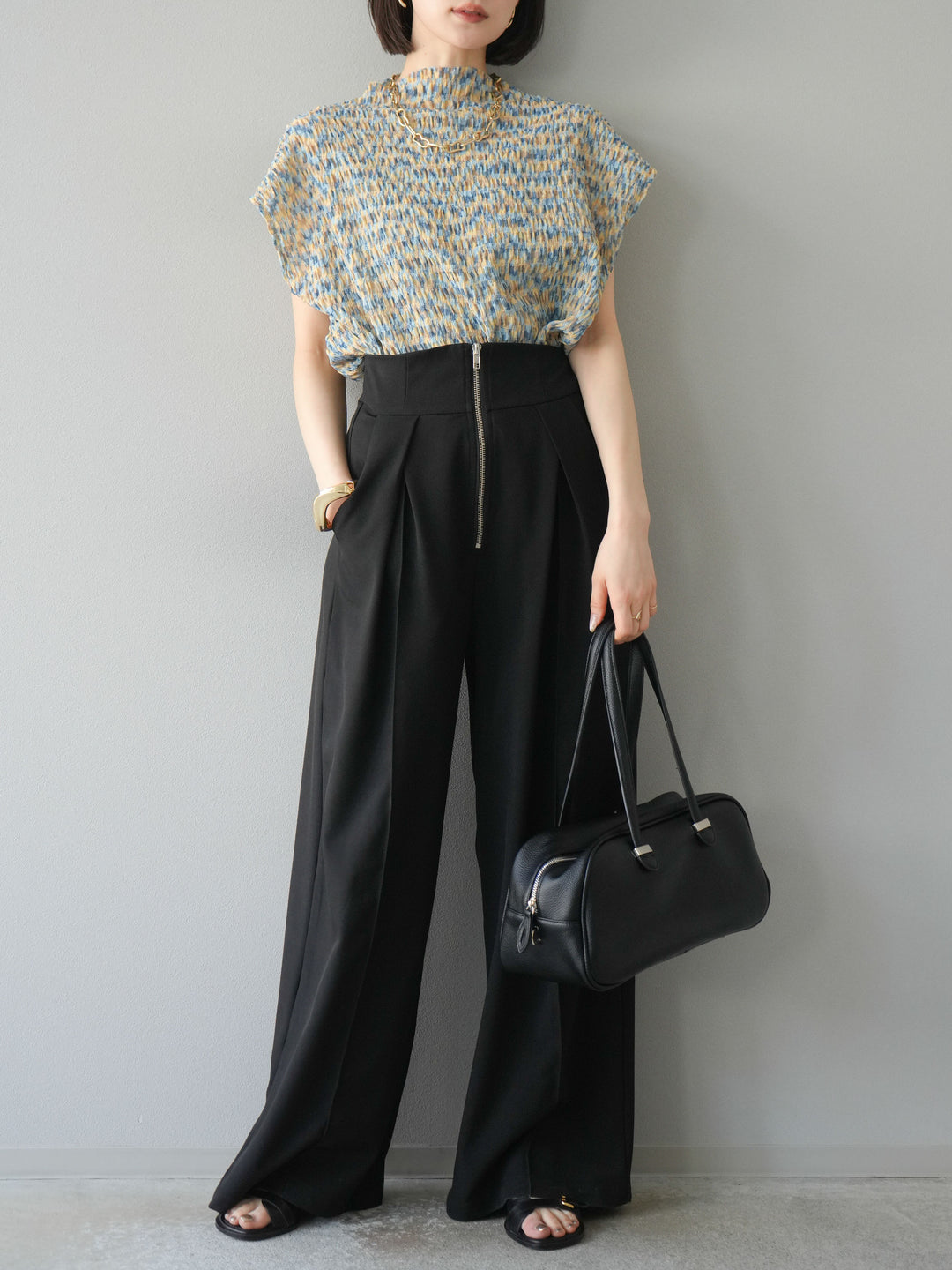 [予約]マルチカラーランダムプリーツフレンチトップス/イエロー