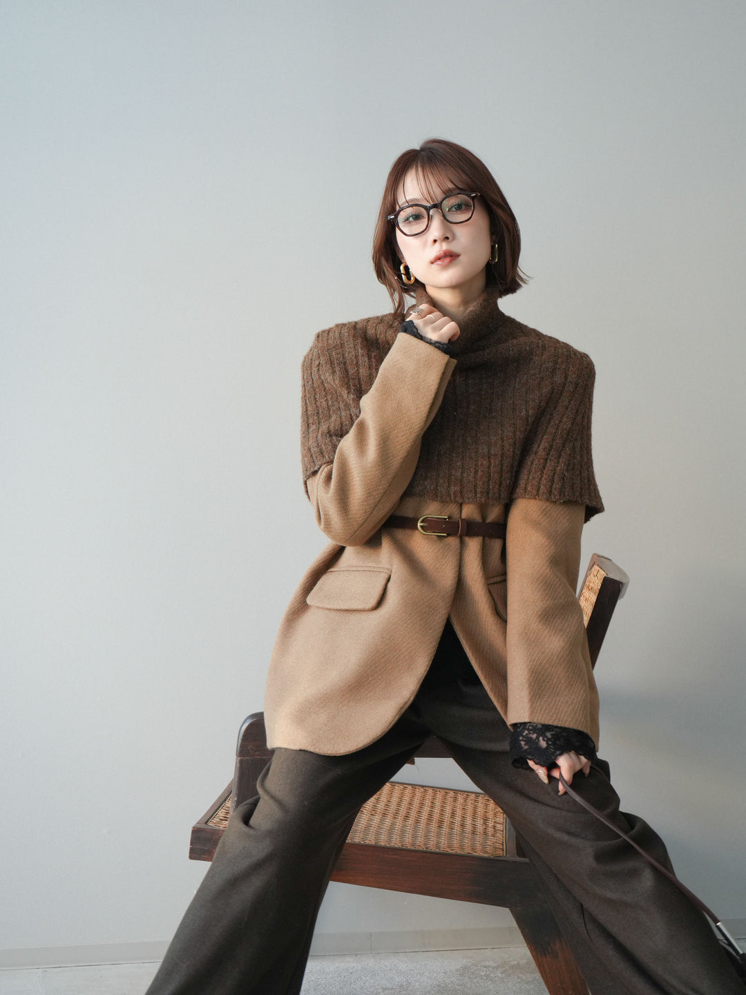 [20%オフ]ケープ付ノーカラージャケット/brown