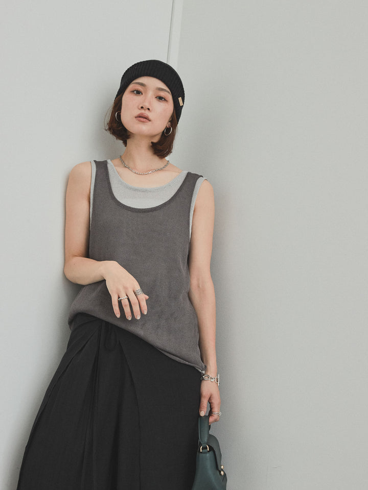 [SET]バイカラーレイヤードニットタンクトップ+ワッシャーサテンレイヤードスカートパンツ(2set)