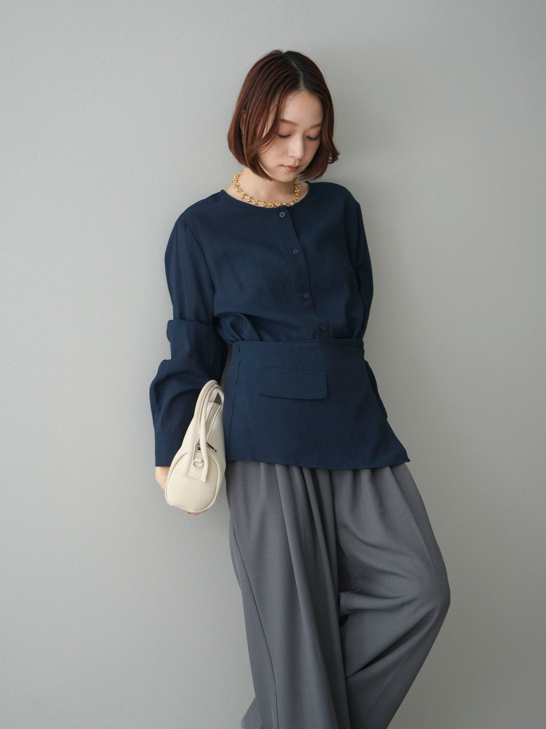 [予約]コットンライクラップブラウス/navy