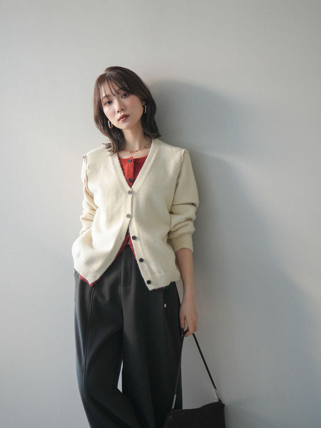 [予約]配色レイヤードニットカーディガン/ apricot