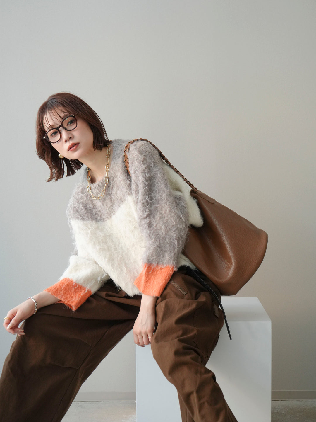 [予約]バイカラーモヘアタッチニットプルオーバー/mocha