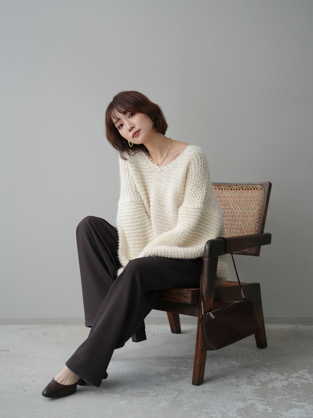 [予約]ワッフル編みシャギーニットプルオーバー/apricot