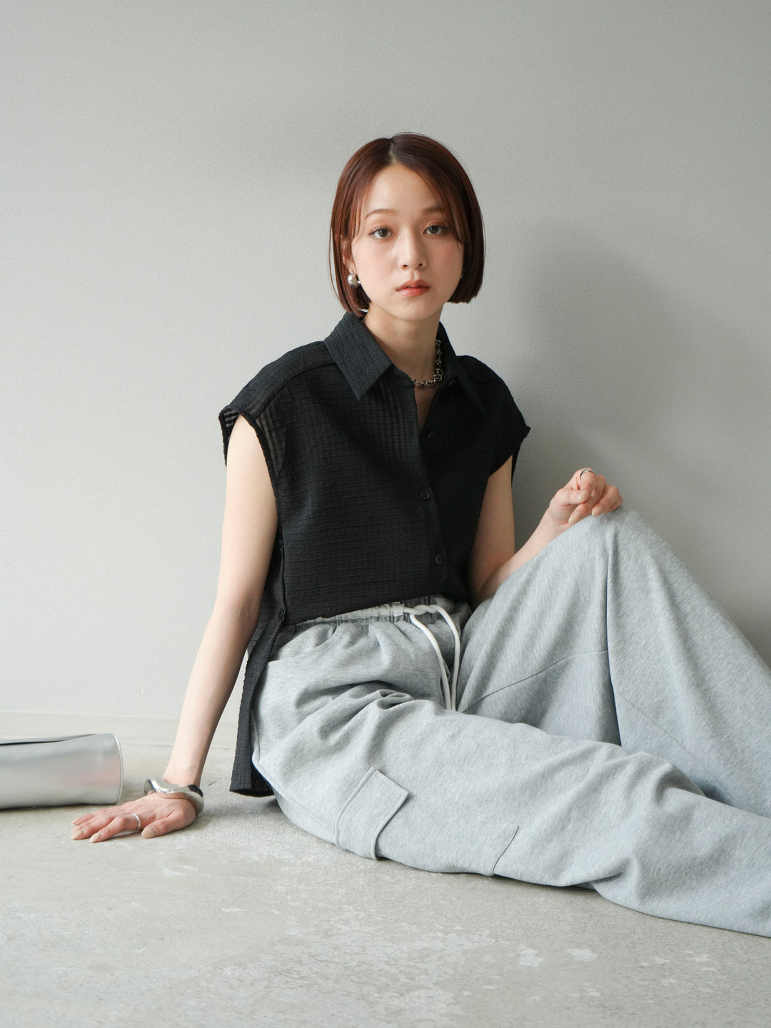 [SET]シアーチェックノースリーブシャツ+ウエストラインサイドポケットスウェットパンツ(2set)