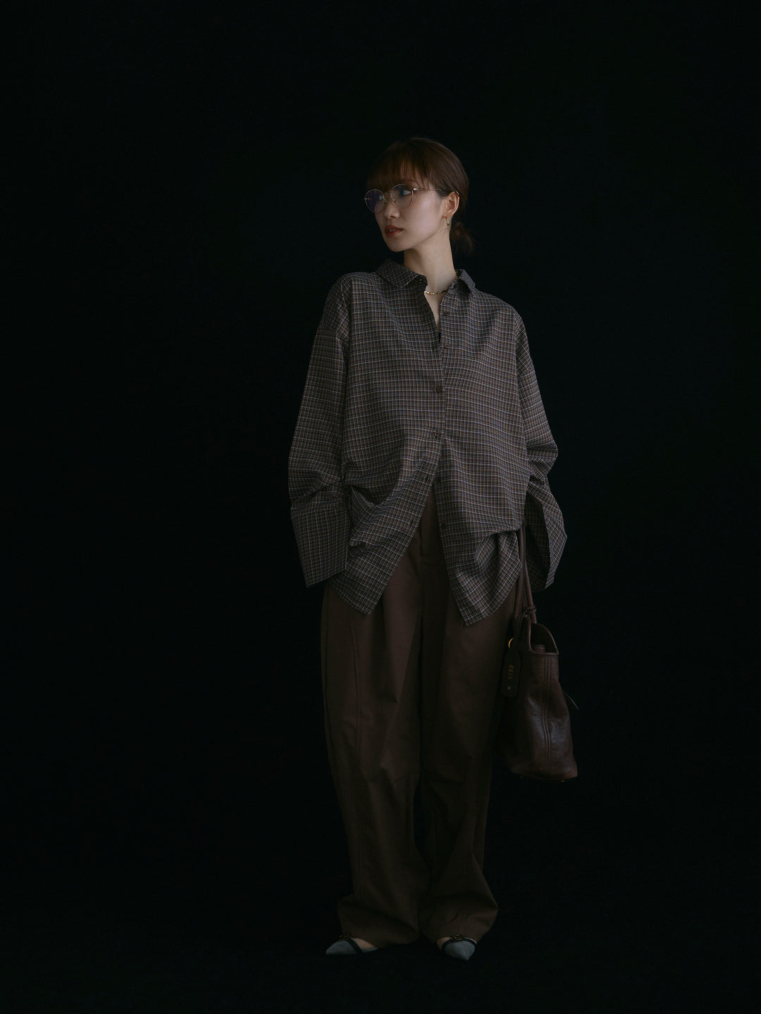 【Allure】[SET]チェックBIGカフスオーバーシャツ+タフタワイドカーブパンツ(2set)