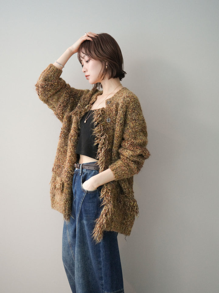 [SET]ミックスヤーンフリンジデザインニットジャケット+裏起毛加工デニムカーブパンツ(2set)