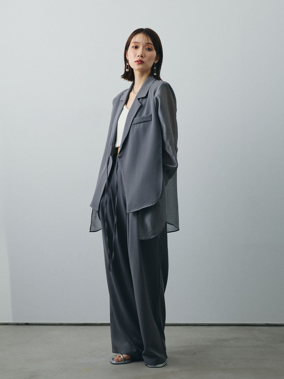 [SET]シアー切替テーラードジャケット+リネンライクカシュクールデザインビスチェ+2タックワイドパンツ(3set)