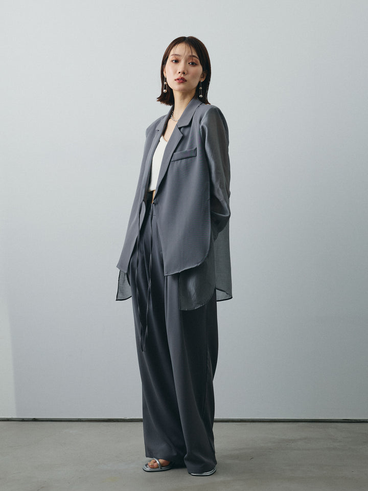 [SET]シアー切替テーラードジャケット+リネンライクカシュクールデザインビスチェ+2タックワイドパンツ(3set)