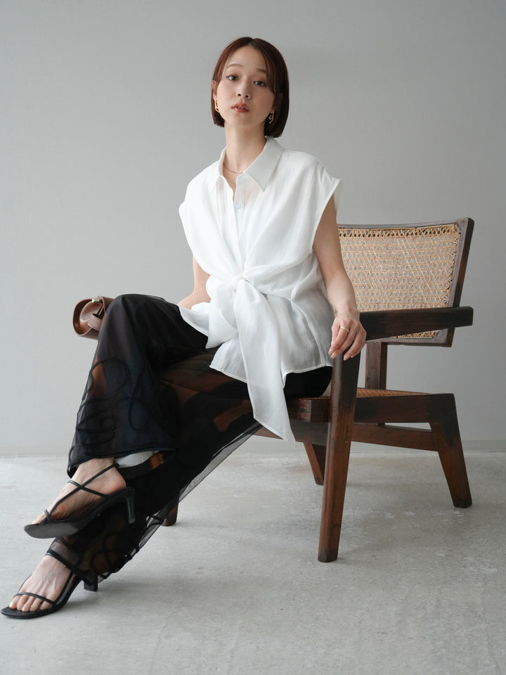 [SET] 前繫帶透視上衣 + 水彩藝術休閒褲 (2 件組)