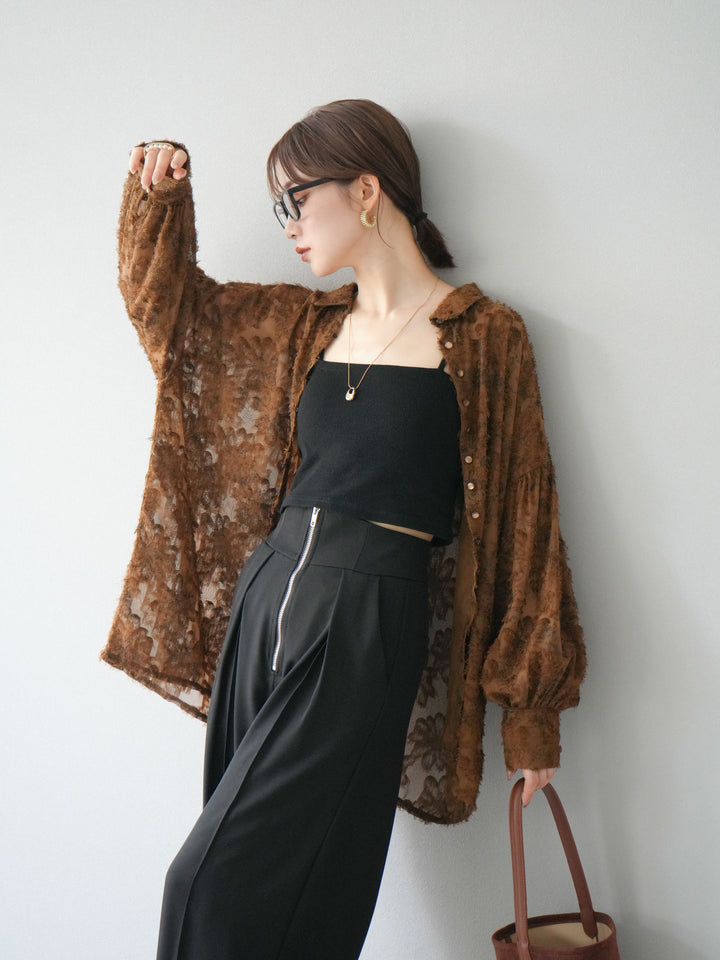 [予約]ニュアンスフリンジジャガードボリュームスリーブブラウス/ブラウン