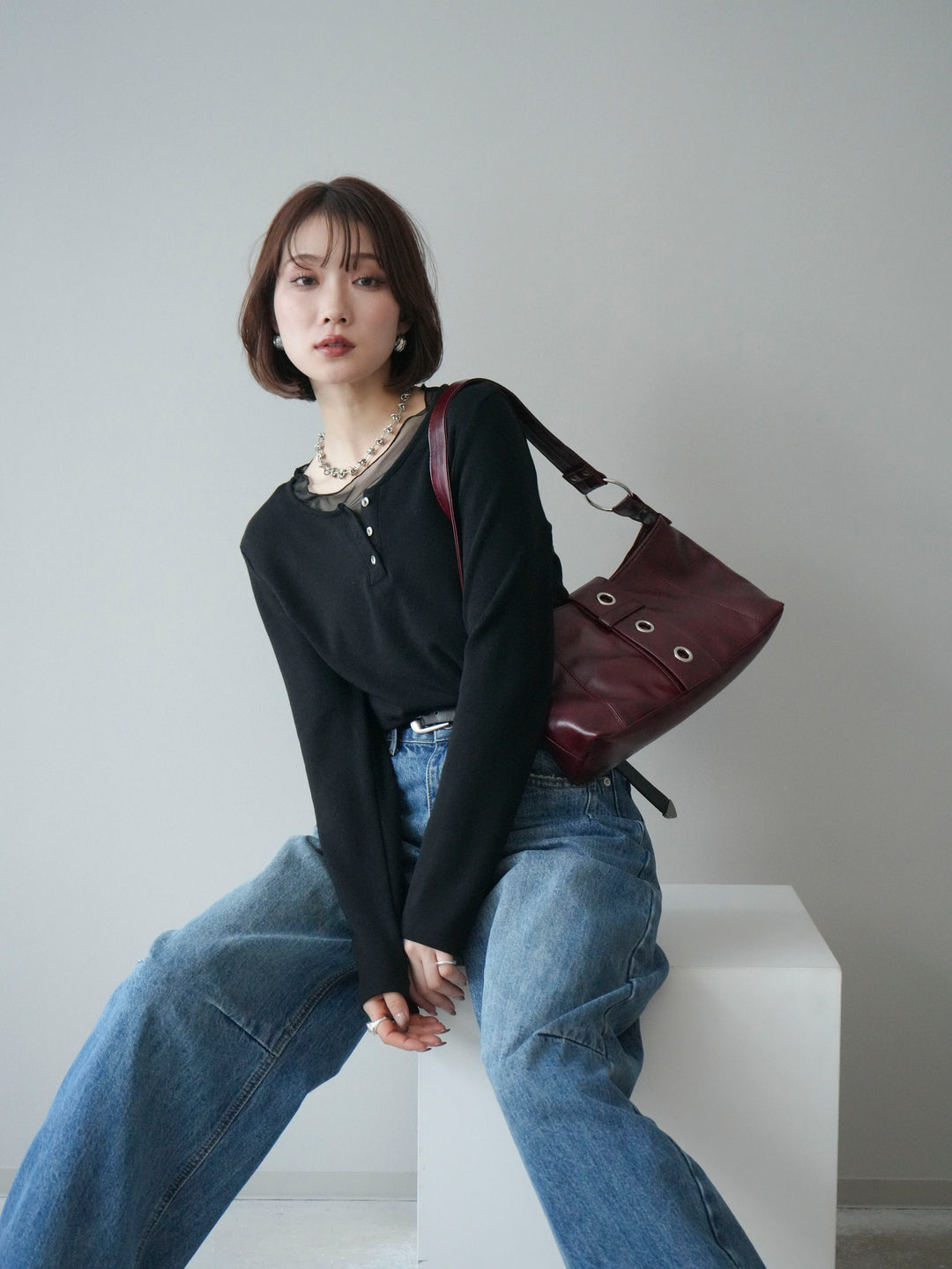 [予約]チュールレイヤードヘンリーネックカットソー/black