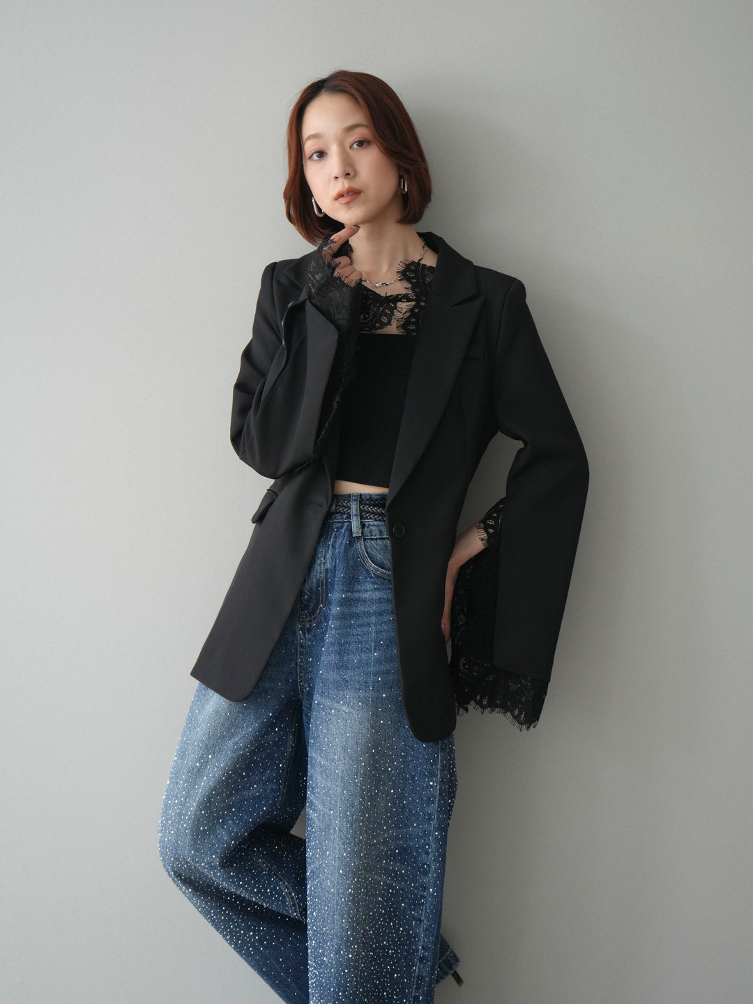 [SET]レースレイヤードスリットジャケット+選べるアクセセット(2set)