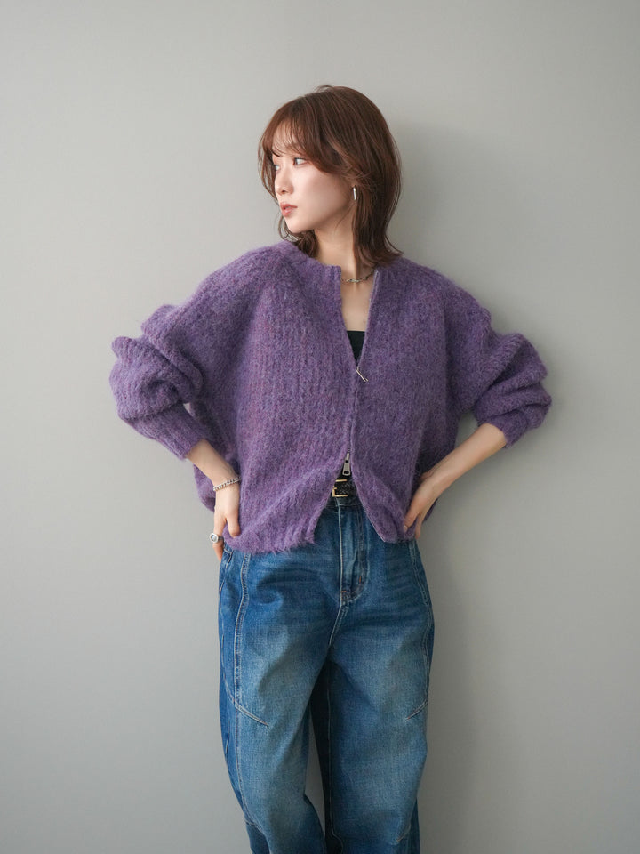 [予約]MIXヤーンモヘアタッチZIPニットカーディガン/purple
