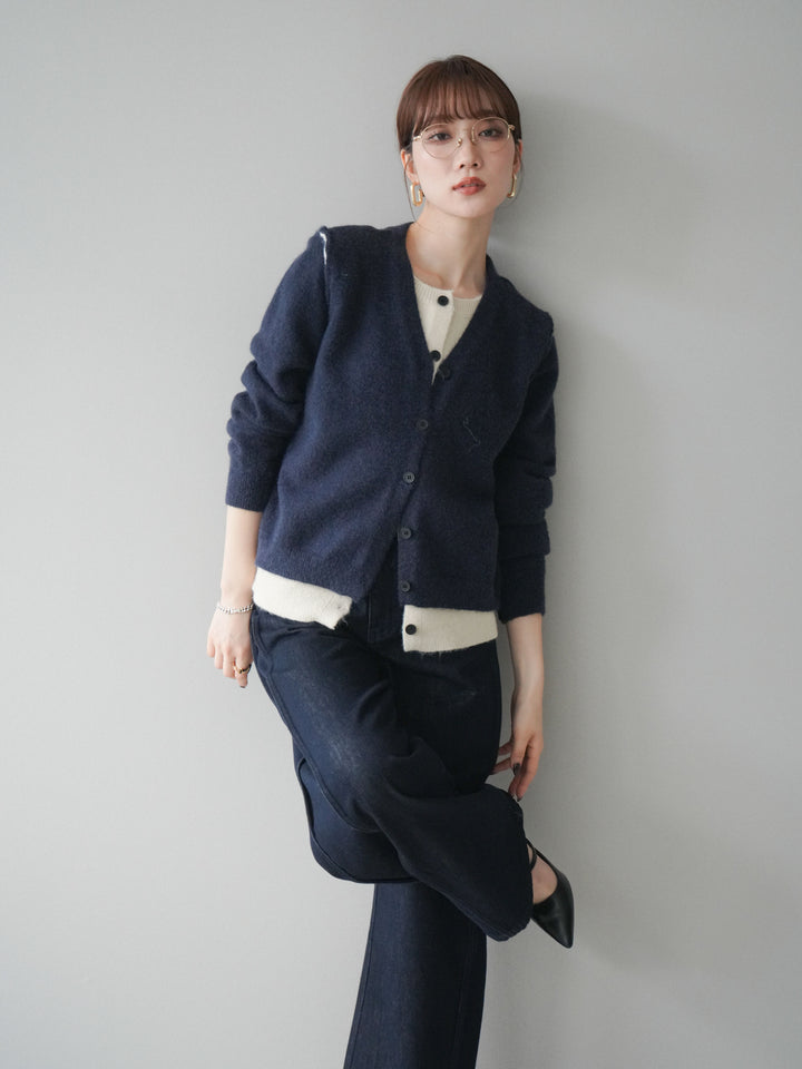 [予約]配色レイヤードニットカーディガン/navy