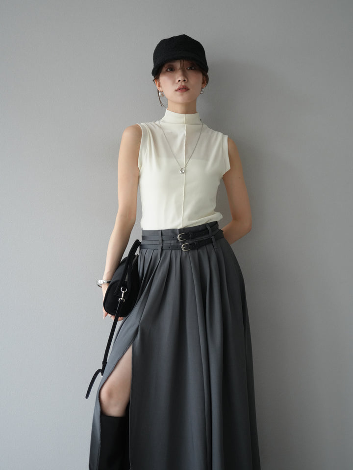 [SET]シアーベロアプチネックノースリーブトップス+エステルプリーツスリットスカート(2set)
