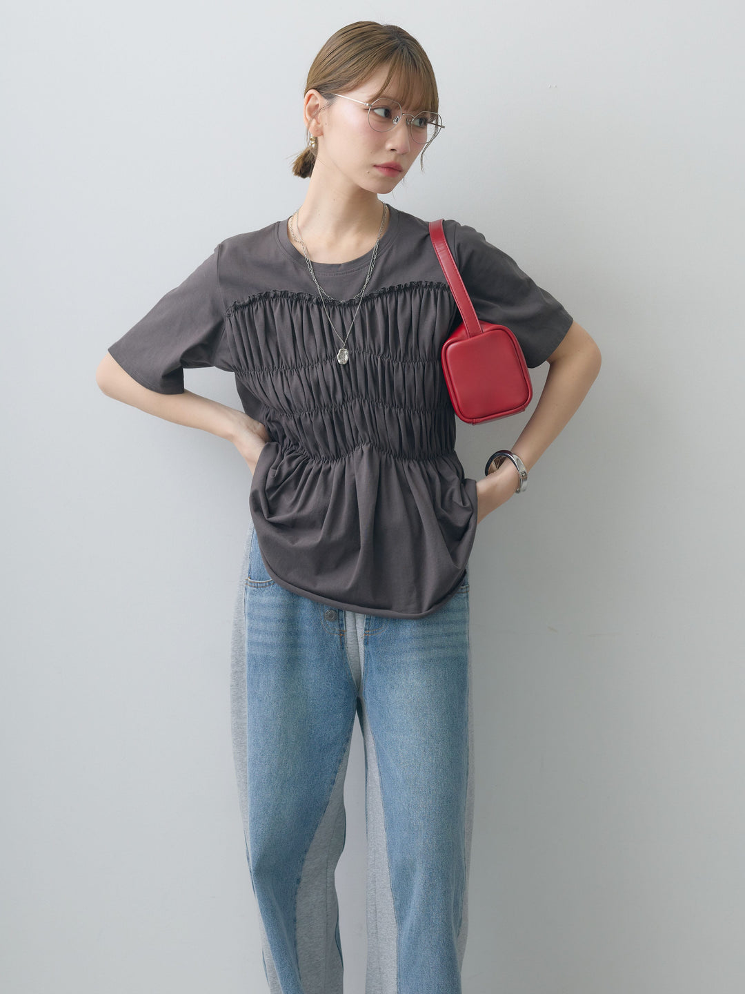 [SET]クールタッチシャーリングTEE+デニム切替スウェットパンツ(2set)