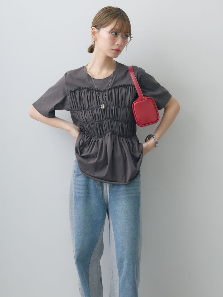 [SET]クールタッチシャーリングTEE+デニム切替スウェットパンツ(2set)