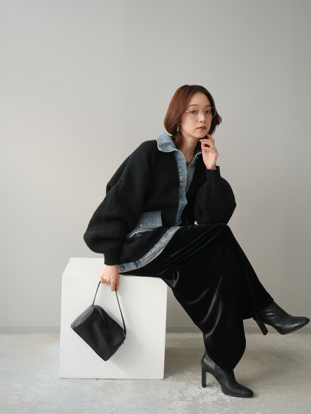 [SET]デニムドッキングオーバーニットジャケット+ギャザーベロアスカート(2set)