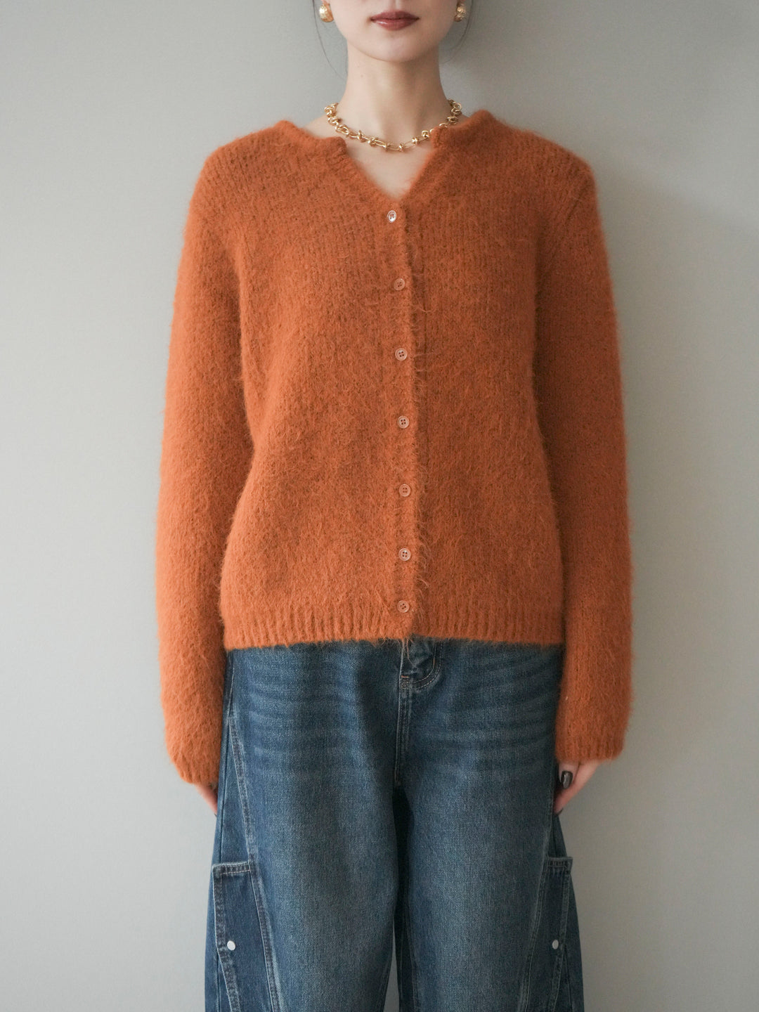 [予約]キーネックシャギーニットカーディガン/camel